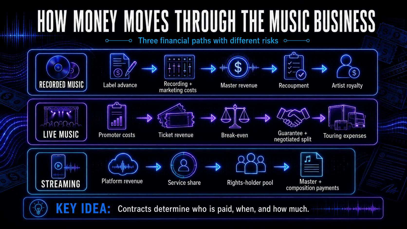 Three diagrams showing how money moves through recorded music, live performances, and streaming before reaching artists and rights holders.