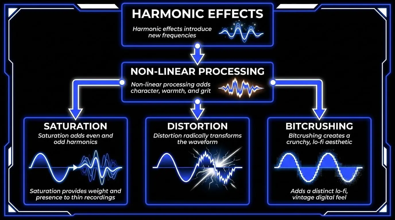 Infographic explaining modulation audio effects, including chorus, phaser, flanger, tremolo, and auto pan, with visual examples of how each effect changes movement and texture.
