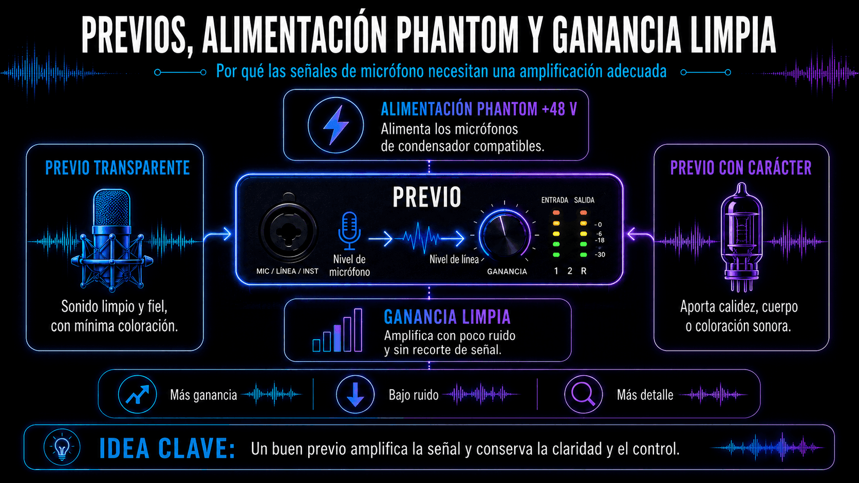 Diagram explaining transparent and character preamps, clean gain, and 48V phantom power for condenser microphones.