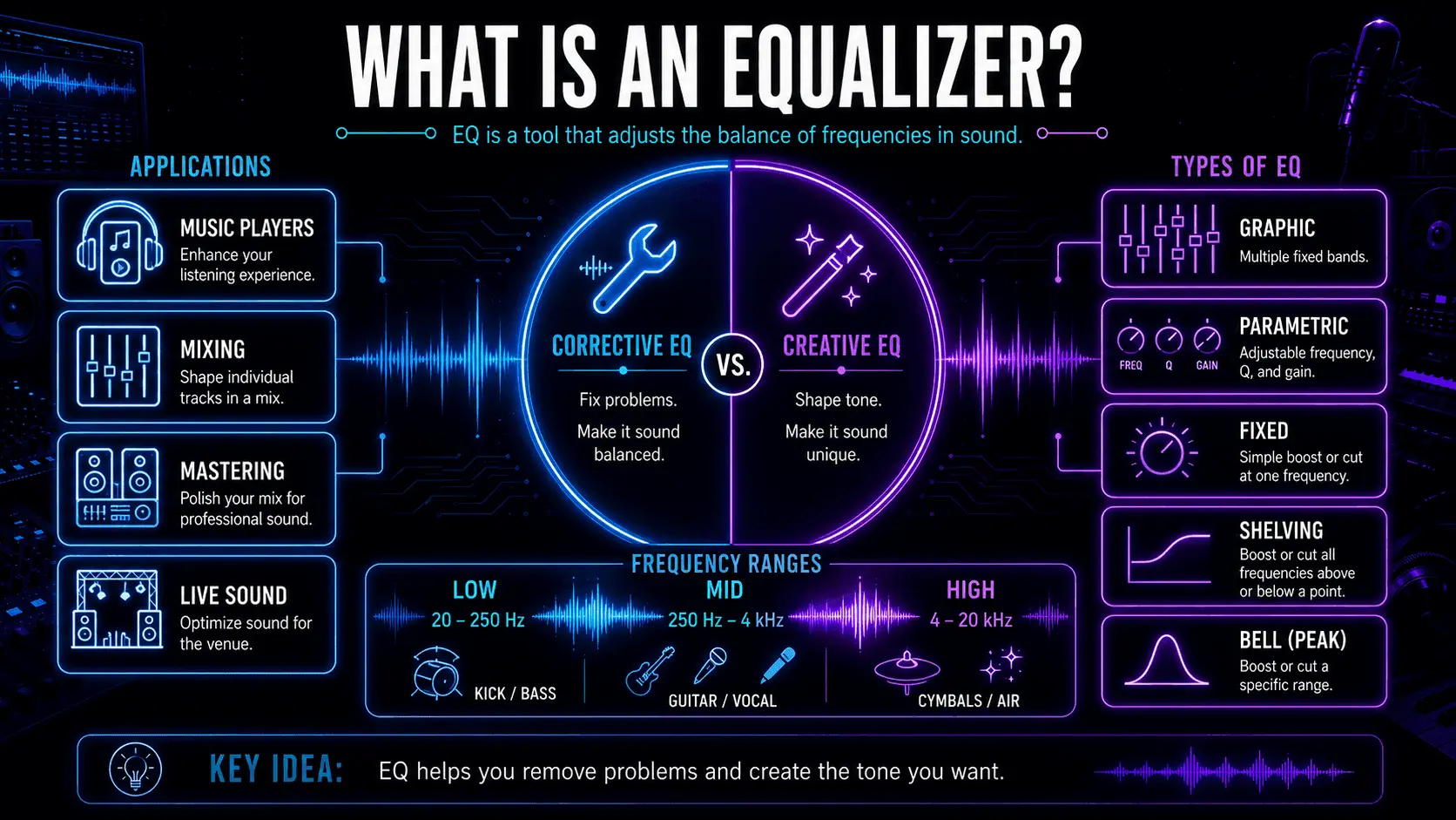 Infographic explaining equalizers, including corrective and creative EQ, frequency ranges, EQ types, and audio applications.