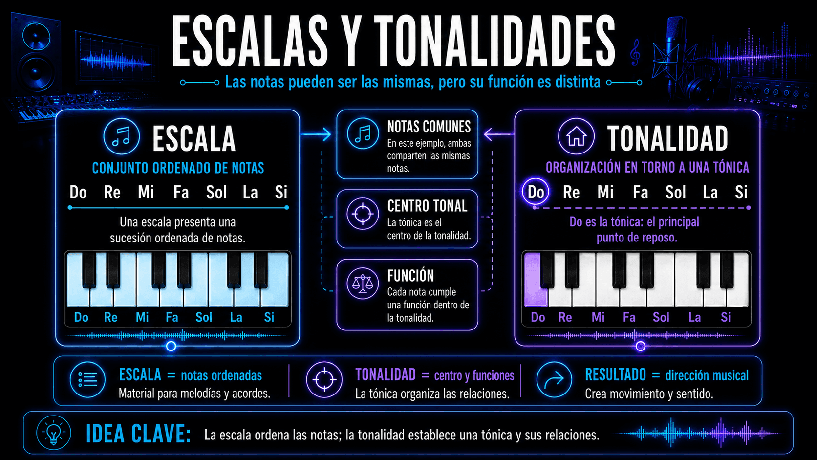 Infografía comparativa explicando una escala como un conjunto ordenado de notas y una tonalidad como la base tonal principal de una composición.
