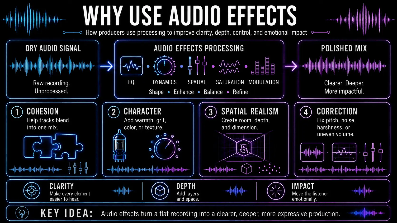 Audio effects workflow showing a dry signal processed with EQ, dynamics, spatial effects, saturation, and modulation.