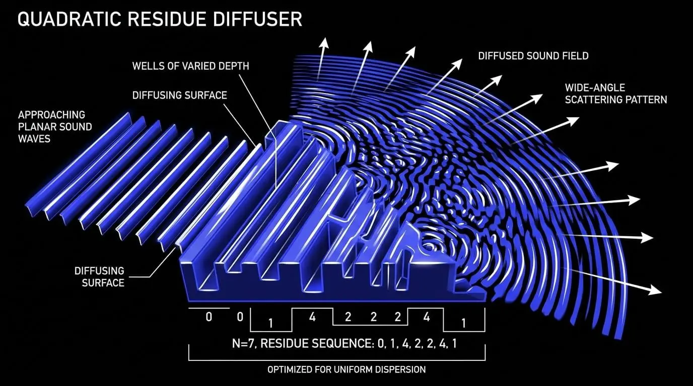 Diagram of a quadratic residue diffuser showing varied well depths, incoming planar sound waves, and wide-angle scattered sound diffusion.