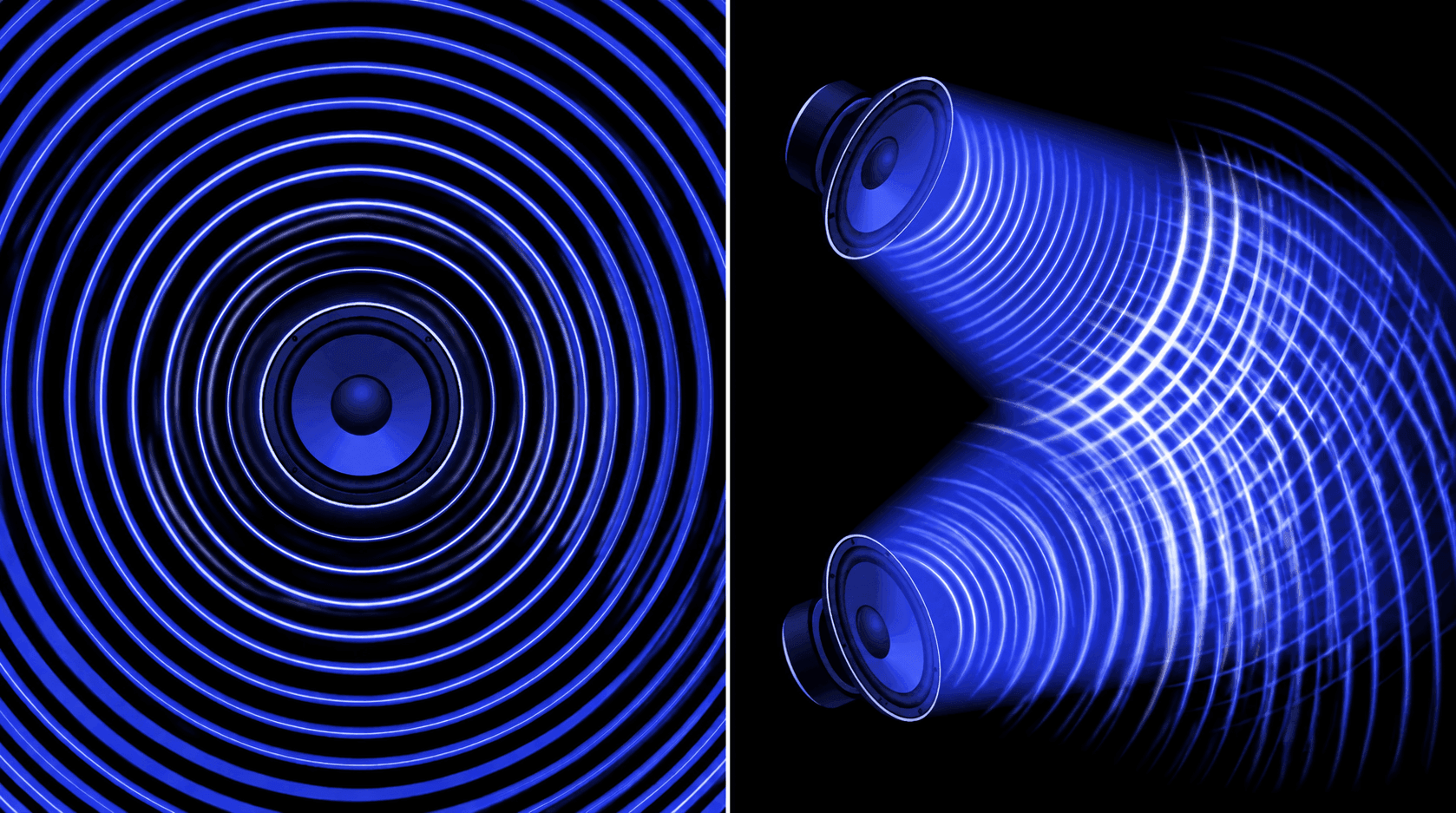 Comparación visual entre las ondas concéntricas del sonido mono y la interacción de dos altavoces estéreo.