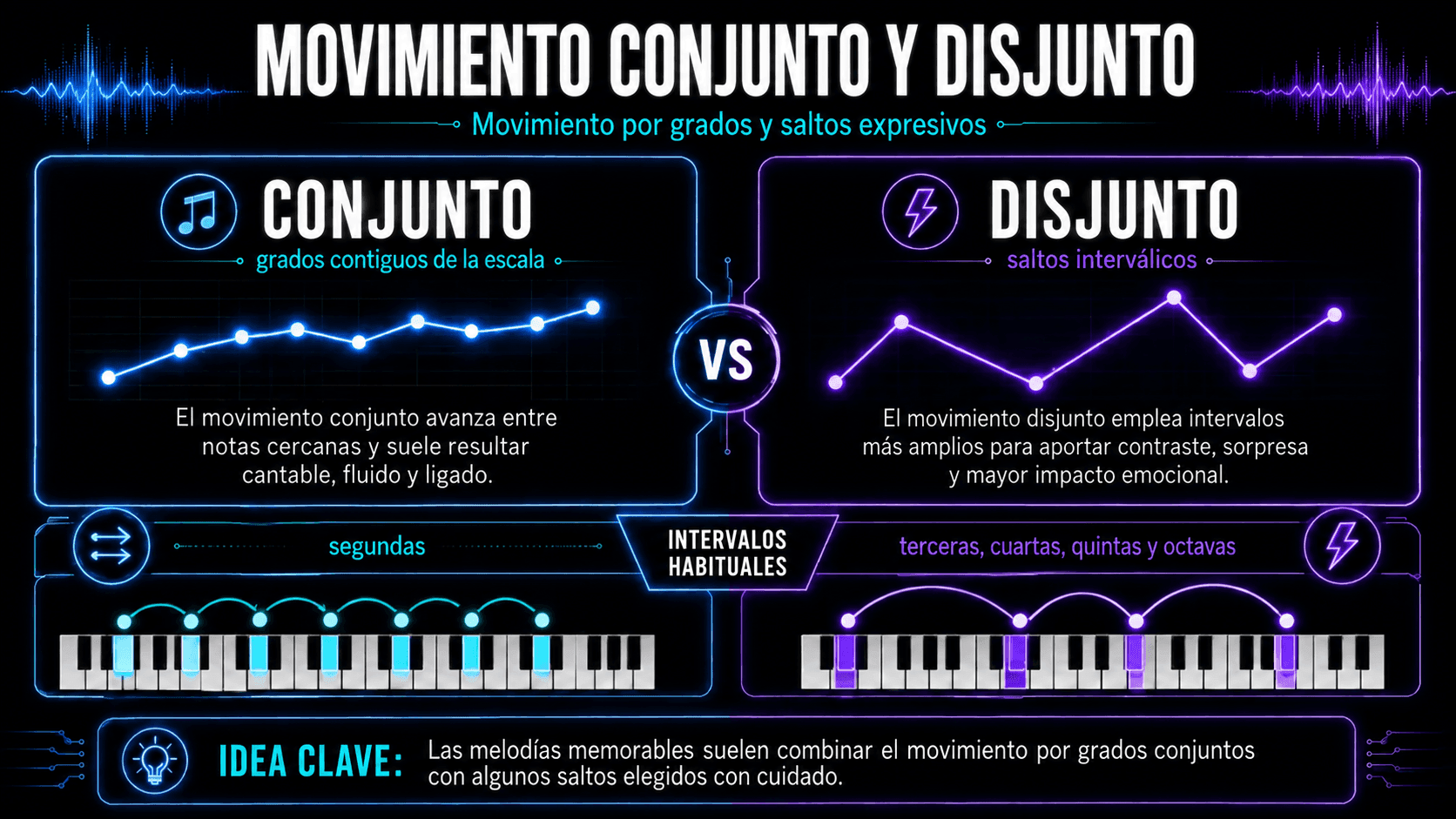 Infografía comparando el movimiento conjunto suave y gradual con el movimiento melódico disjunto usando intervalos más amplios y teclas de piano.