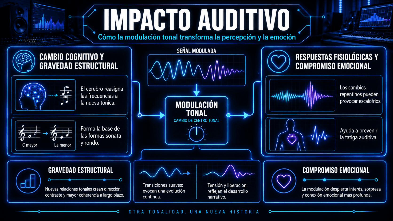 Infografía explicando el impacto auditivo de la modulación musical, incluyendo cambios cognitivos, gravedad estructural, frisson, tensión y liberación, y compromiso emocional.