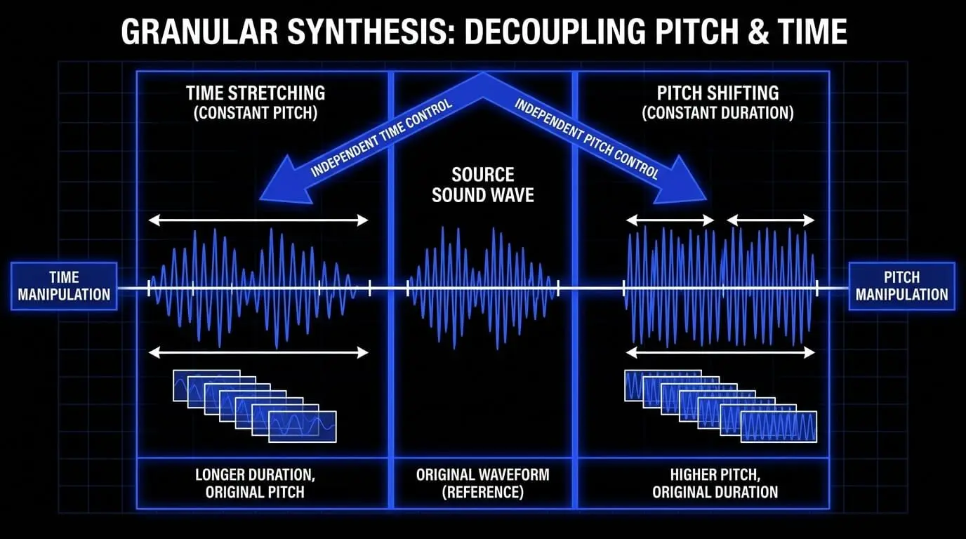 Diagram showing granular synthesis time stretching at constant pitch and pitch shifting at constant duration.