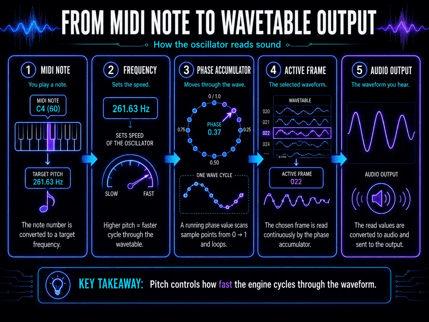 Five-step process showing a MIDI note converted into frequency, phase movement, an active wavetable frame, and audio output.
