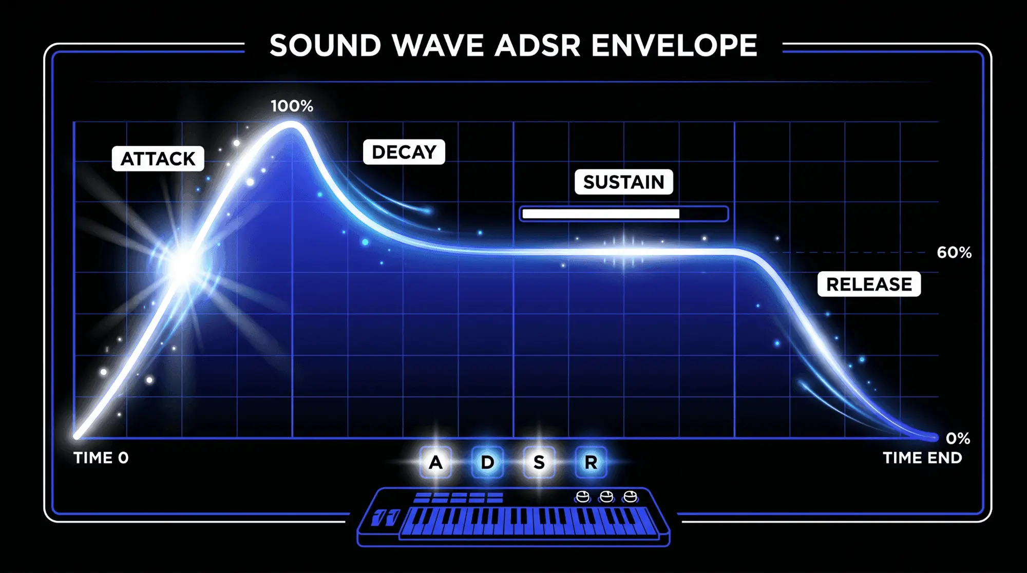 ADSR envelope diagram showing attack, decay, sustain, and release stages across a sound wave’s amplitude and duration