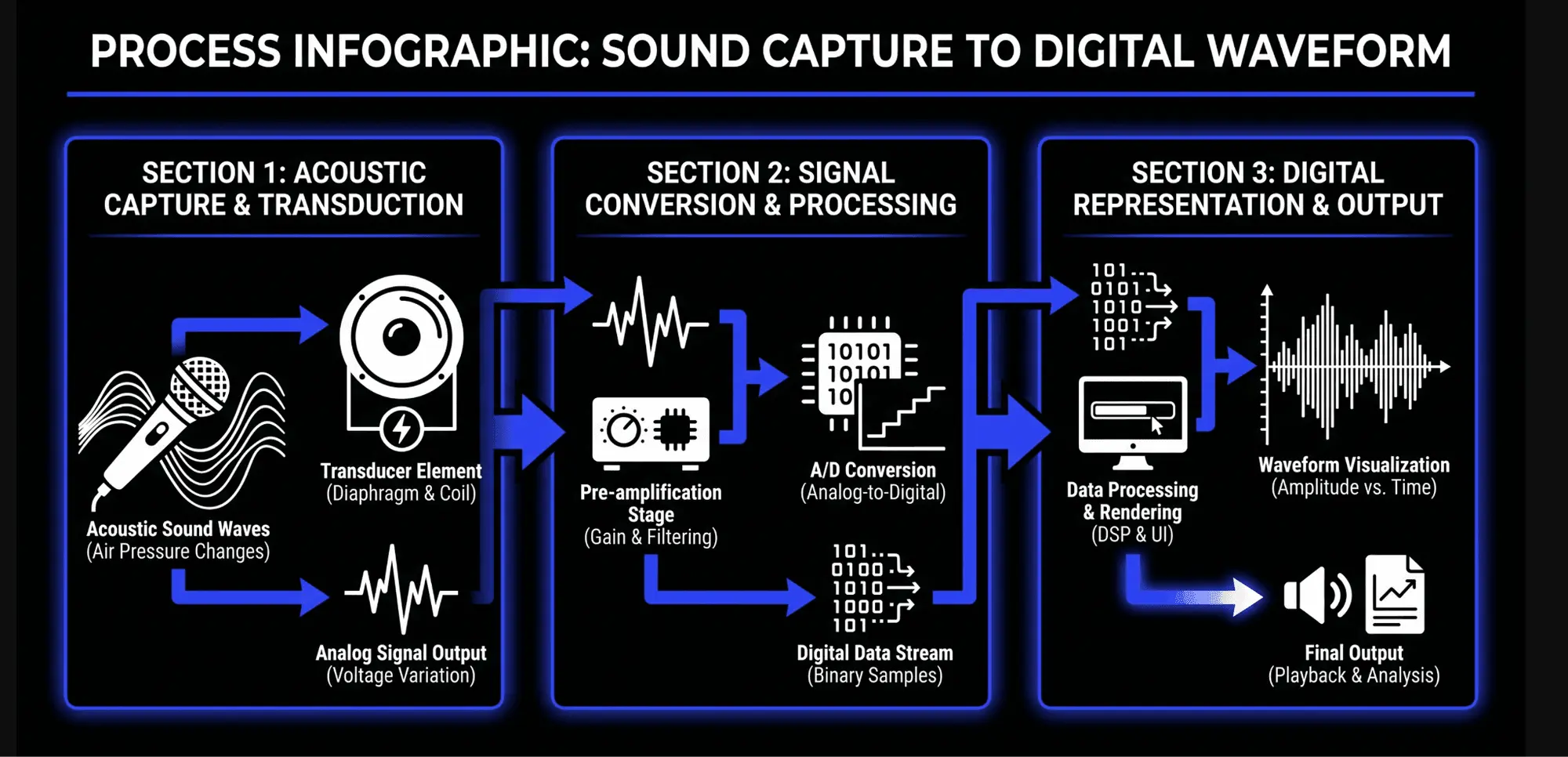 Process infographic showing acoustic sound waves captured by a microphone, converted through pre-amplification and A/D conversion, processed as digital data, and displayed as a waveform