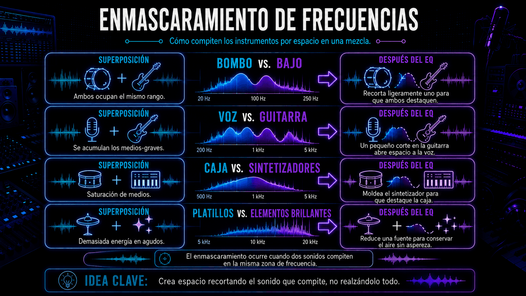 Infografía mostrando enmascaramiento de frecuencia entre bombo y bajo, voz y guitarra, redoblante y sintetizadores, y platillos y partes brillantes.