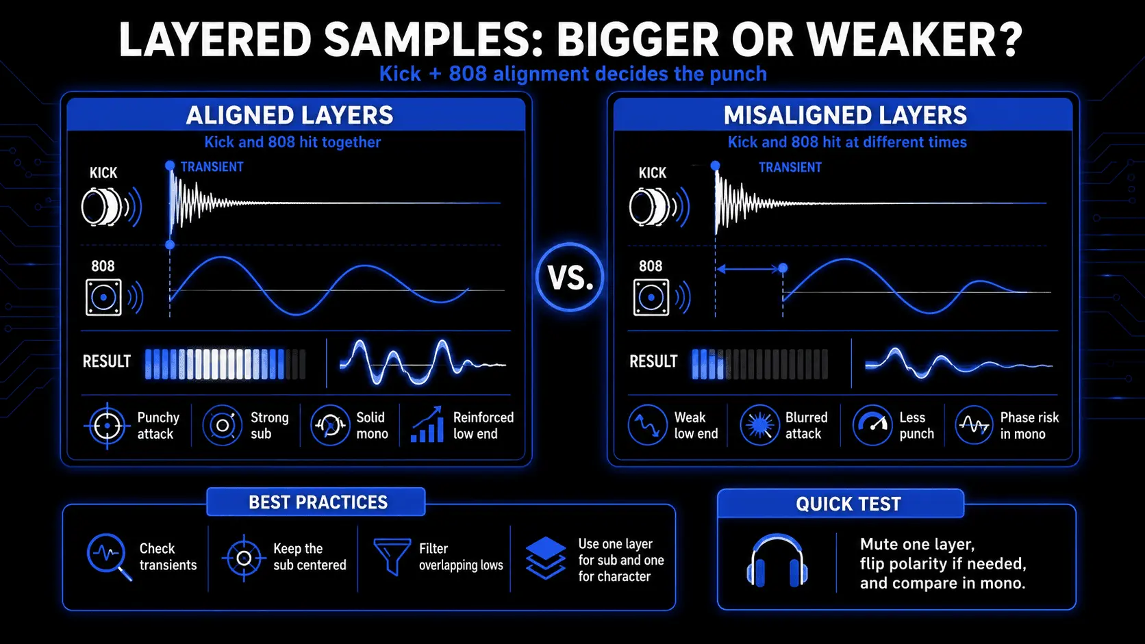 Infographic comparing aligned and misaligned kick and 808 sample layers, showing how timing differences affect punch, sub strength, mono stability, and phase cancellation risk.