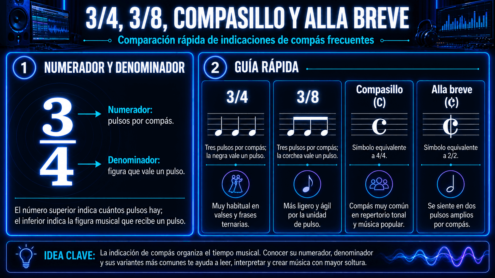 Comparación visual de las indicaciones de compás 3/4, 3/8, compasillo 4/4 y alla breve 2/2