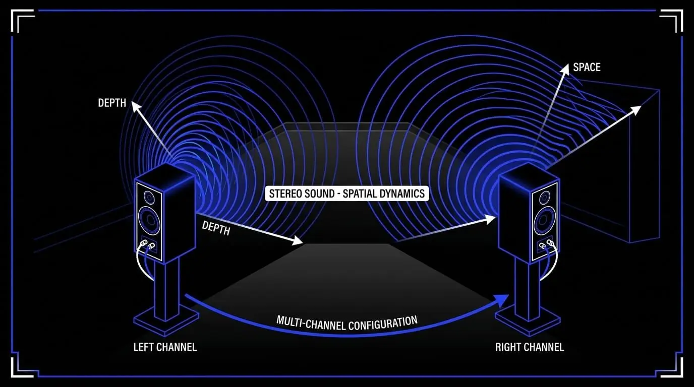 Infographic showing stereo sound waves from left and right speakers, with labels for depth, space, and multi-channel configuration.