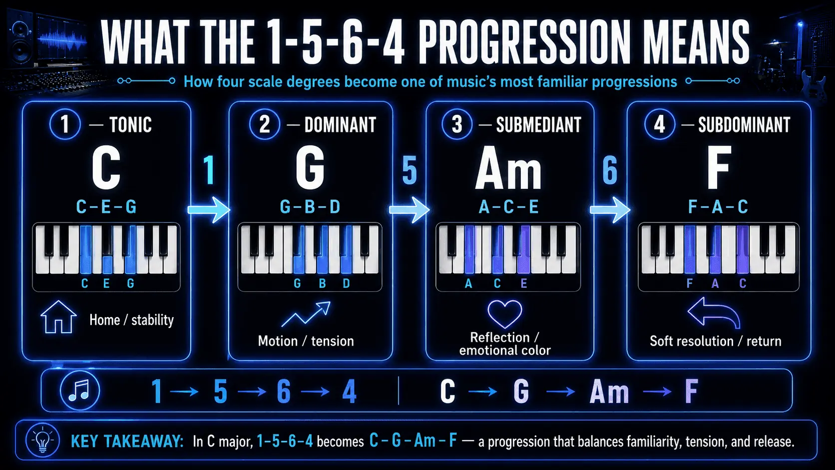 Infographic explaining the 1–5–6–4 progression in C major with C, G, Am, and F chords, piano notes, and harmonic functions.