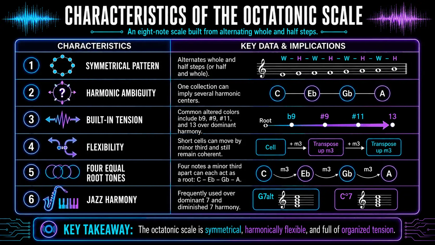 Infographic showing octatonic scale characteristics, including symmetry, harmonic ambiguity, altered tension, flexibility, equal roots, and jazz harmony.