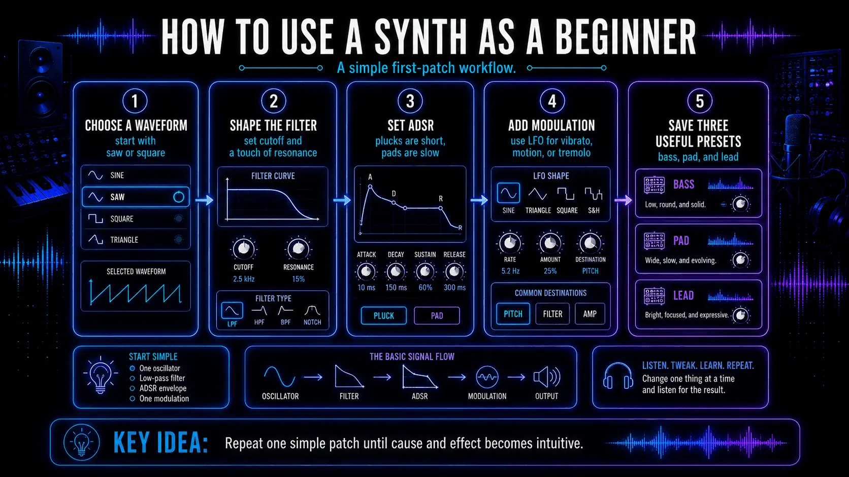 Beginner synthesizer workflow covering waveform selection, filter shaping, ADSR settings, LFO modulation, and preset creation.