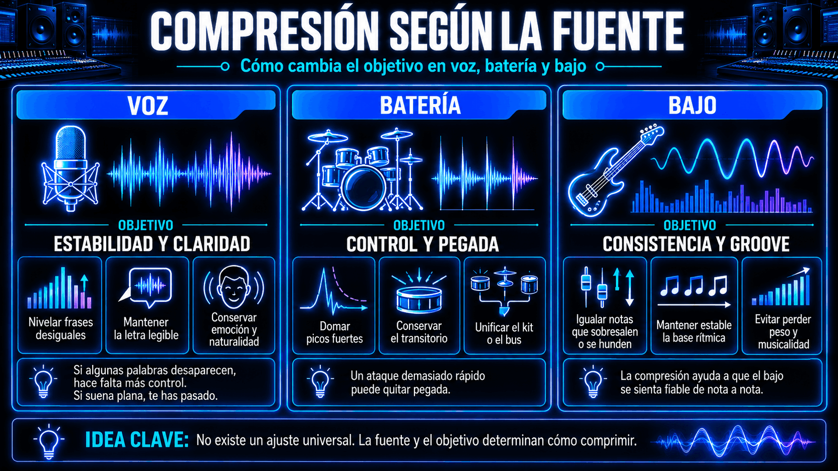 Infografía sobre compresión en voz, batería y bajo, con objetivos de estabilidad, pegada y consistencia.