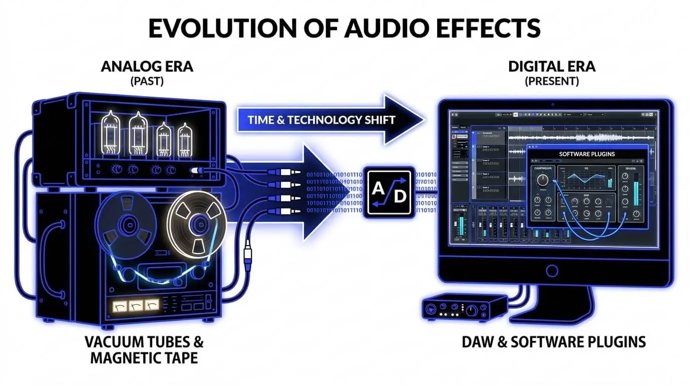 Infographic showing the evolution of audio effects from analog vacuum tubes and magnetic tape to digital DAWs and software plugins.