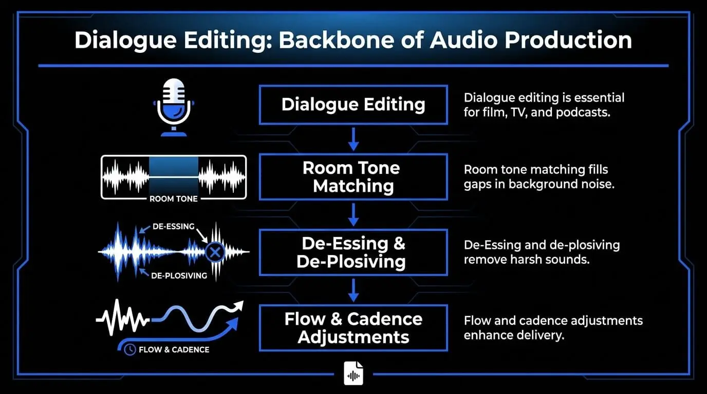 Infographic explaining dialogue editing in audio production, including room tone matching, de-essing, de-plosiving, and flow and cadence adjustments.