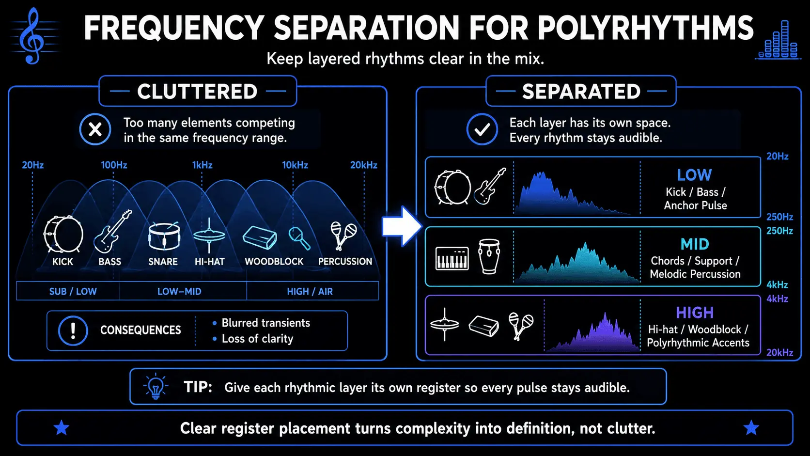 Infographic comparing cluttered and separated frequency ranges for kick, bass, percussion, and polyrhythmic accents.