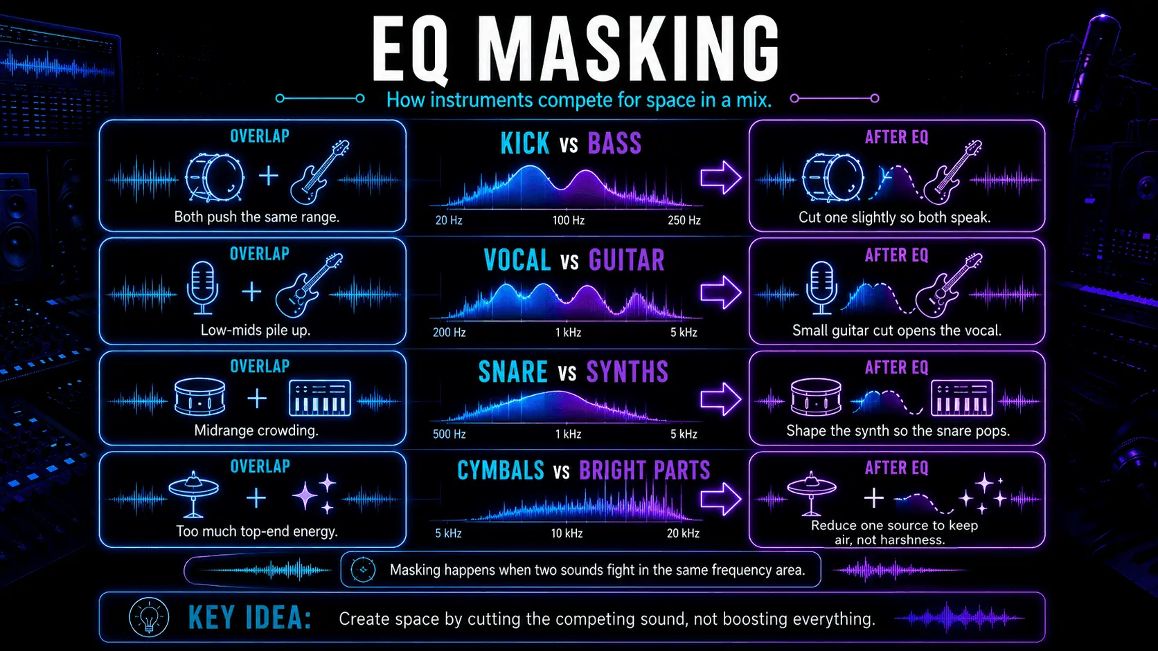 Infographic showing frequency masking between kick and bass, vocal and guitar, snare and synths, and cymbals and bright parts.