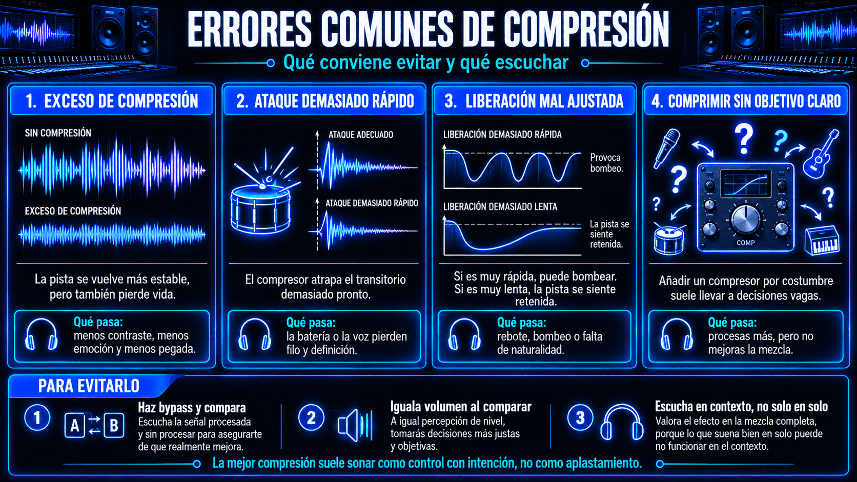 Infografía con errores comunes de compresión: exceso de compresión, ataque rápido, liberación mal ajustada y falta de objetivo.