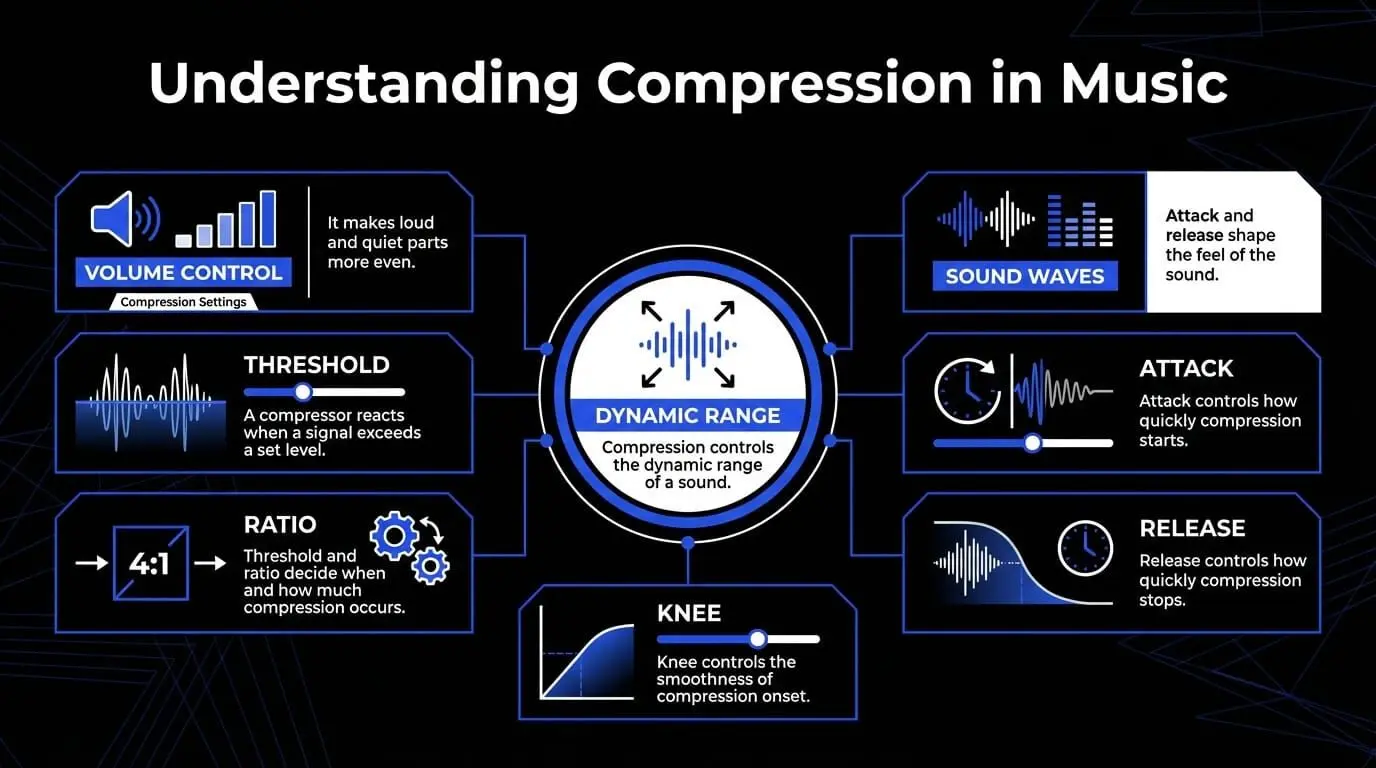 Infographic explaining music compression, including dynamic range, threshold, ratio, attack, release, knee, and volume control.