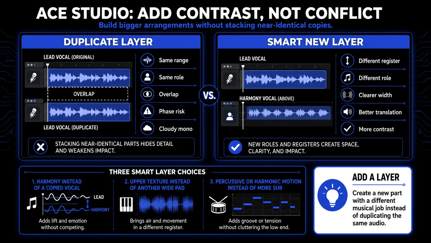 Infographic showing how ACE Studio Add a Layer can create harmonies, textures, and rhythmic parts that add contrast instead of duplicating audio and increasing phase risk.