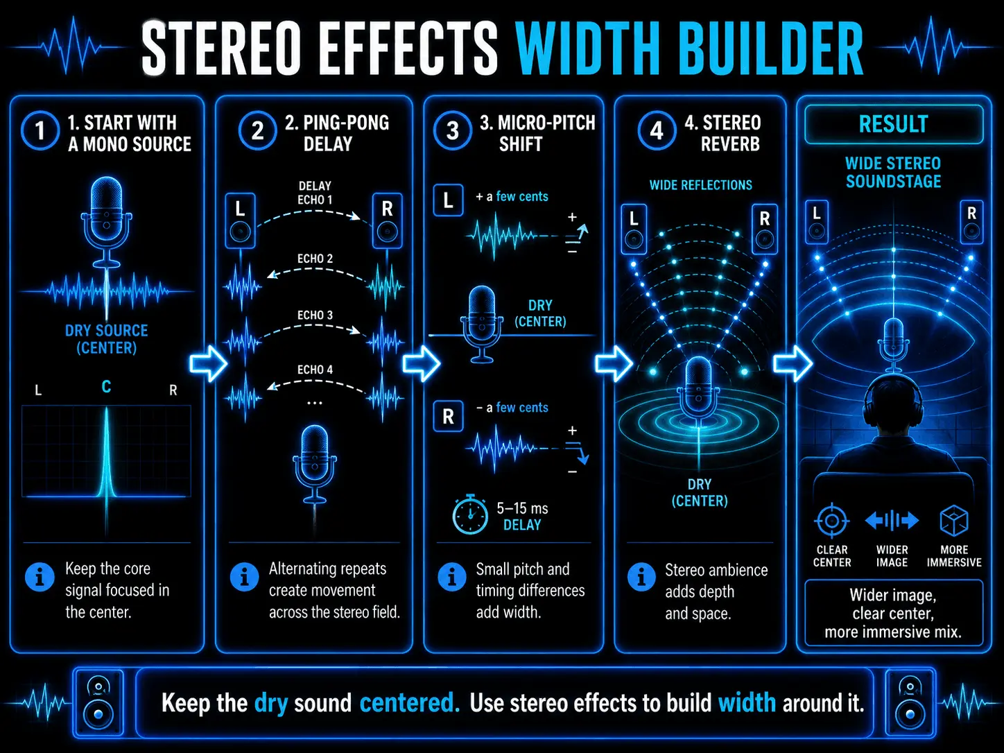 Infographic showing how to create stereo width using a mono source, ping-pong delay, micro-pitch shifting, stereo reverb, and a final wide stereo soundstage.