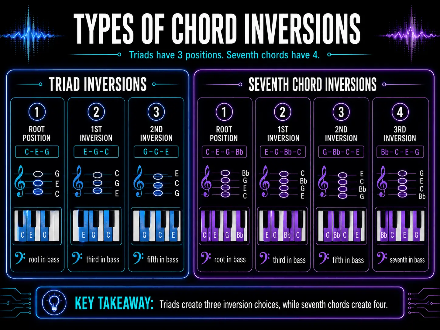 Comparison of triad and seventh chord inversions, showing which chord tone appears in the bass for each position.