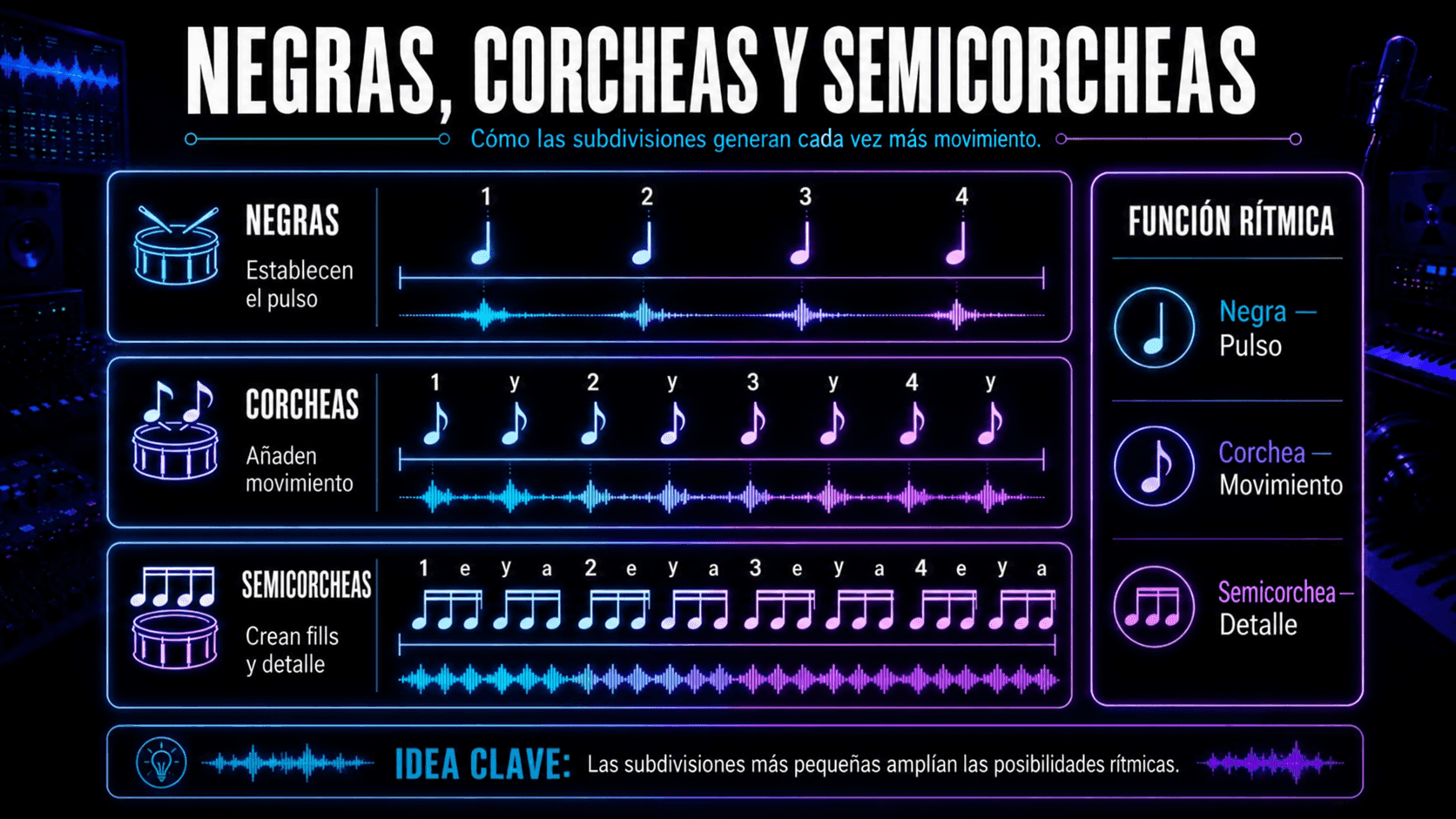 Infografía comparando negras, corcheas y semicorcheas con patrones de conteo, formas de onda y roles rítmicos.