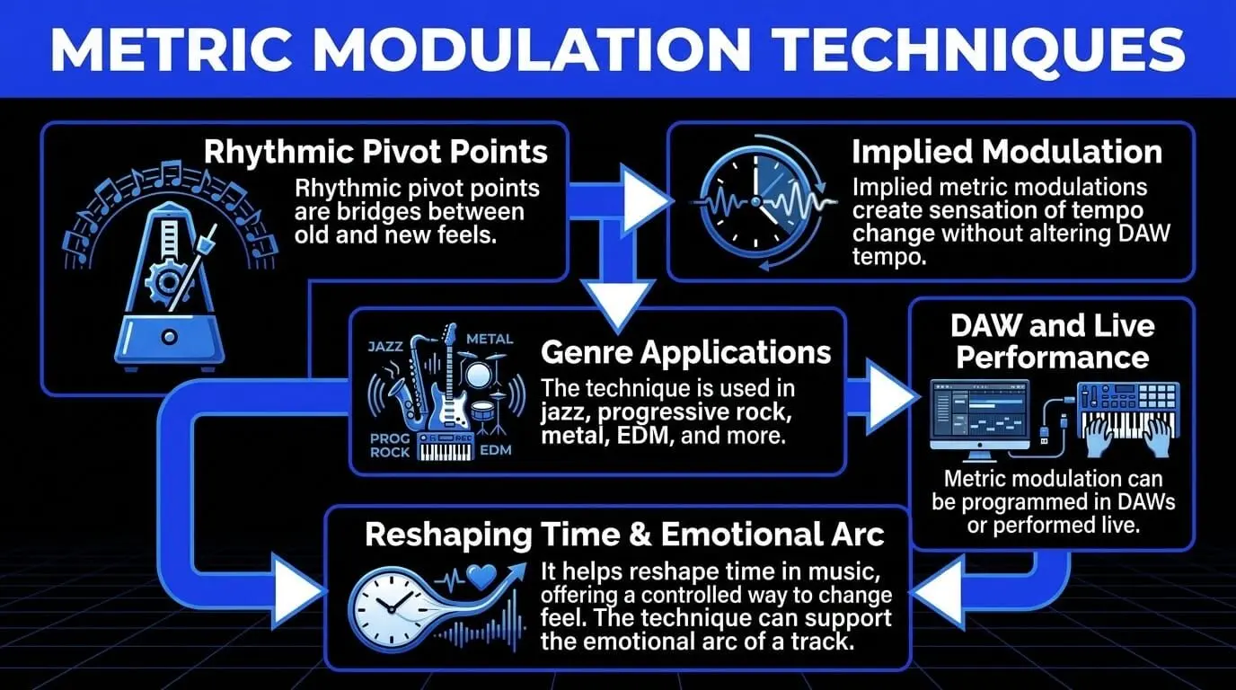 Core metric modulation techniques, from pivot points and implied pulse shifts to DAW programming and genre use.