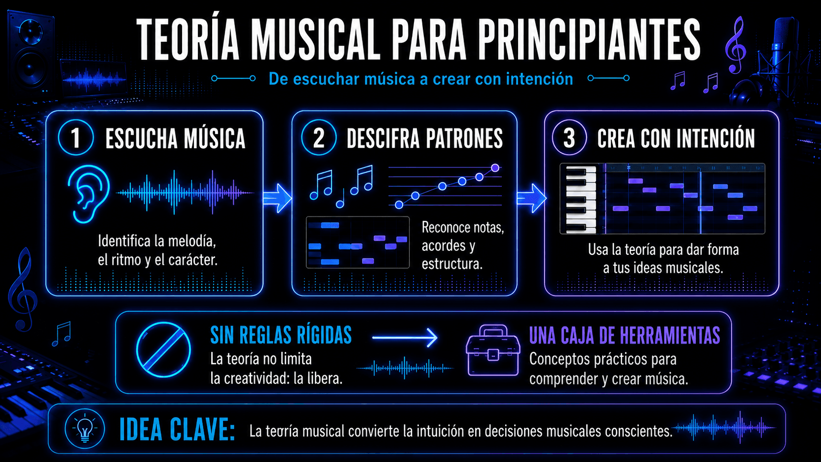 Infografía de teoría musical de tres pasos mostrando cómo los principiantes escuchan música, decodifican patrones y crean con intención.