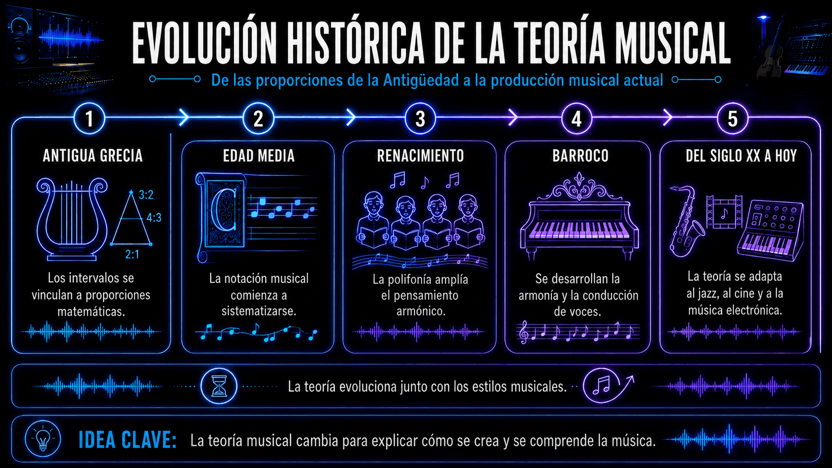 Línea de tiempo trazando la teoría musical desde las proporciones griegas antiguas hasta la notación medieval, polifonía renacentista, armonía barroca y música moderna.