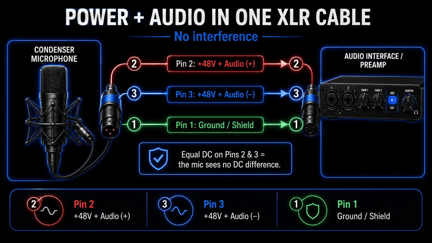 Diagram showing DC phantom power and AC audio signal transmitting simultaneously between a condenser microphone and preamp.