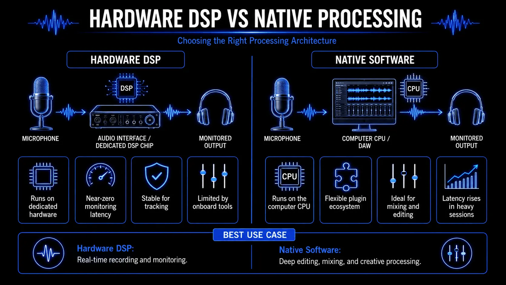 Infographic comparing hardware DSP and native software processing in music production, showing dedicated DSP chips, computer CPU processing, monitoring latency, audio interfaces, and DAW workflows.