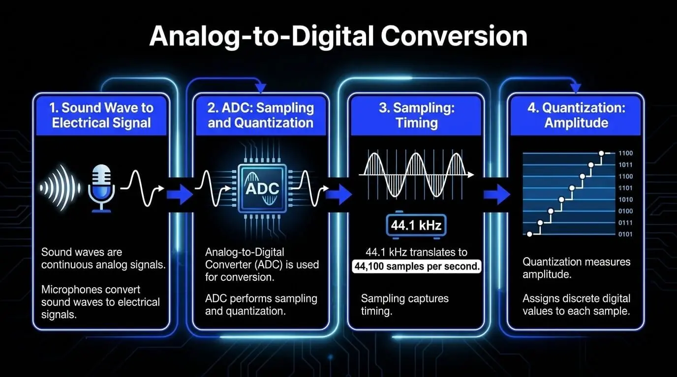 Infographic explaining analog-to-digital audio conversion, showing sound waves becoming electrical signals, ADC sampling, 44.1 kHz timing, and amplitude quantization.