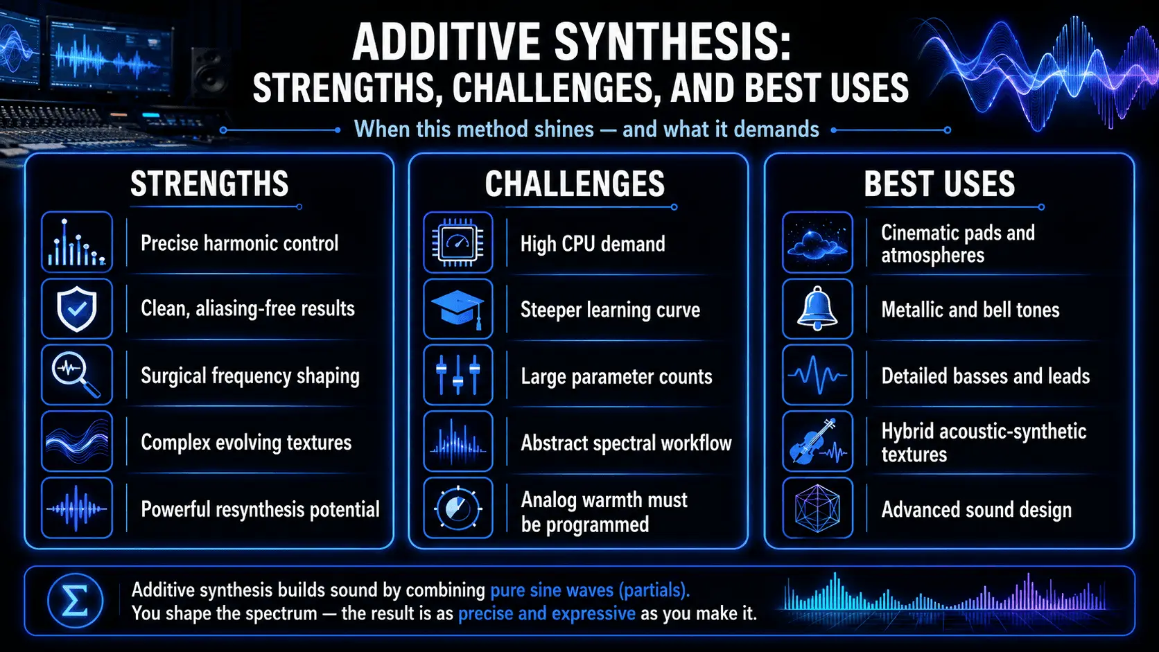 Summary of additive synthesis strengths, CPU and workflow challenges, and uses including cinematic pads, bells, basses, leads, and hybrid textures.