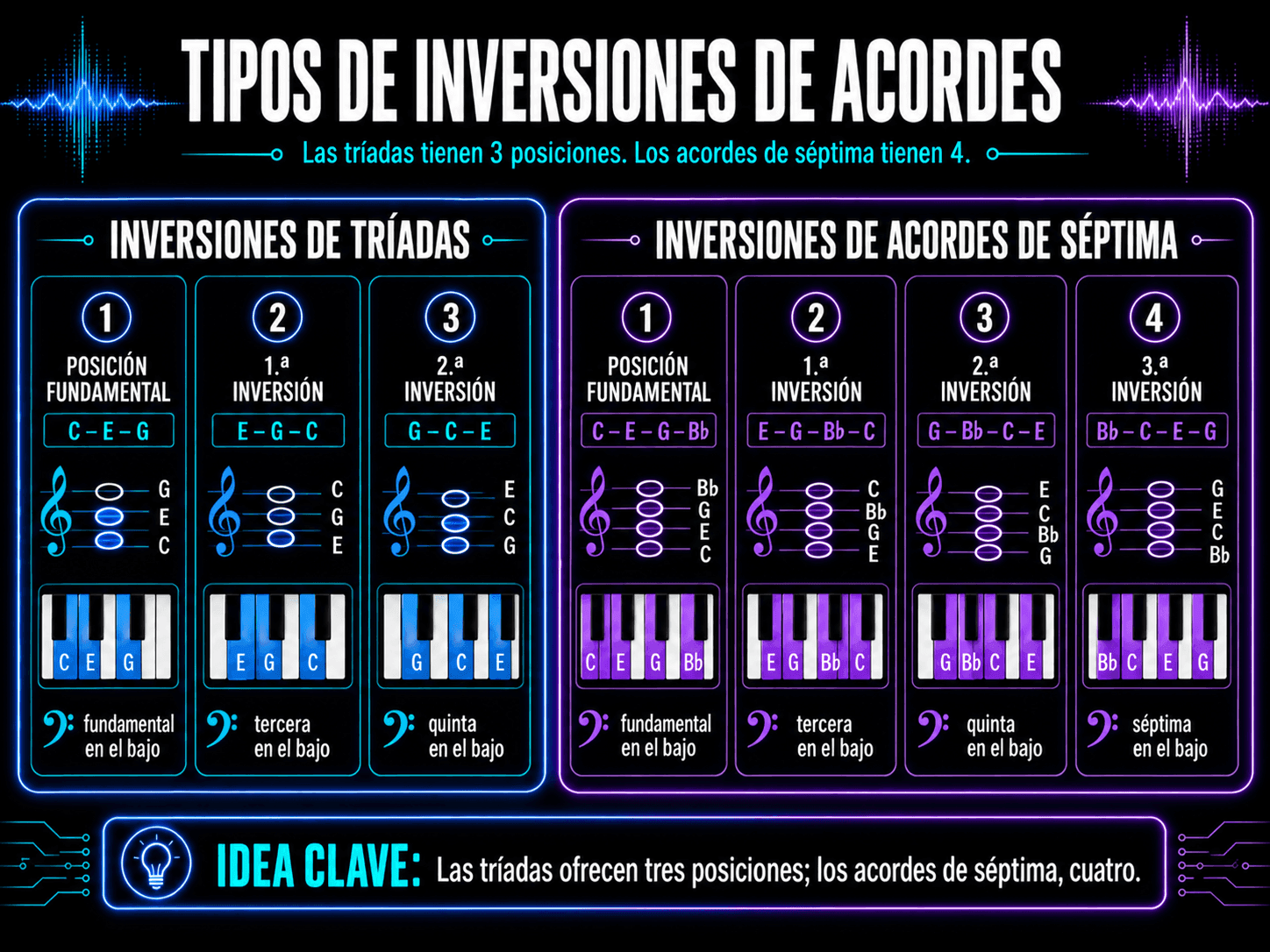 Comparison of triad and seventh chord inversions, showing which chord tone appears in the bass for each position.