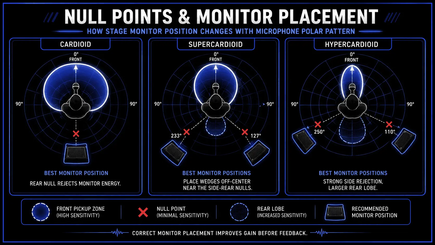 Infographic comparing omnidirectional, cardioid, supercardioid, and hypercardioid microphone acceptance angles and distance factors.