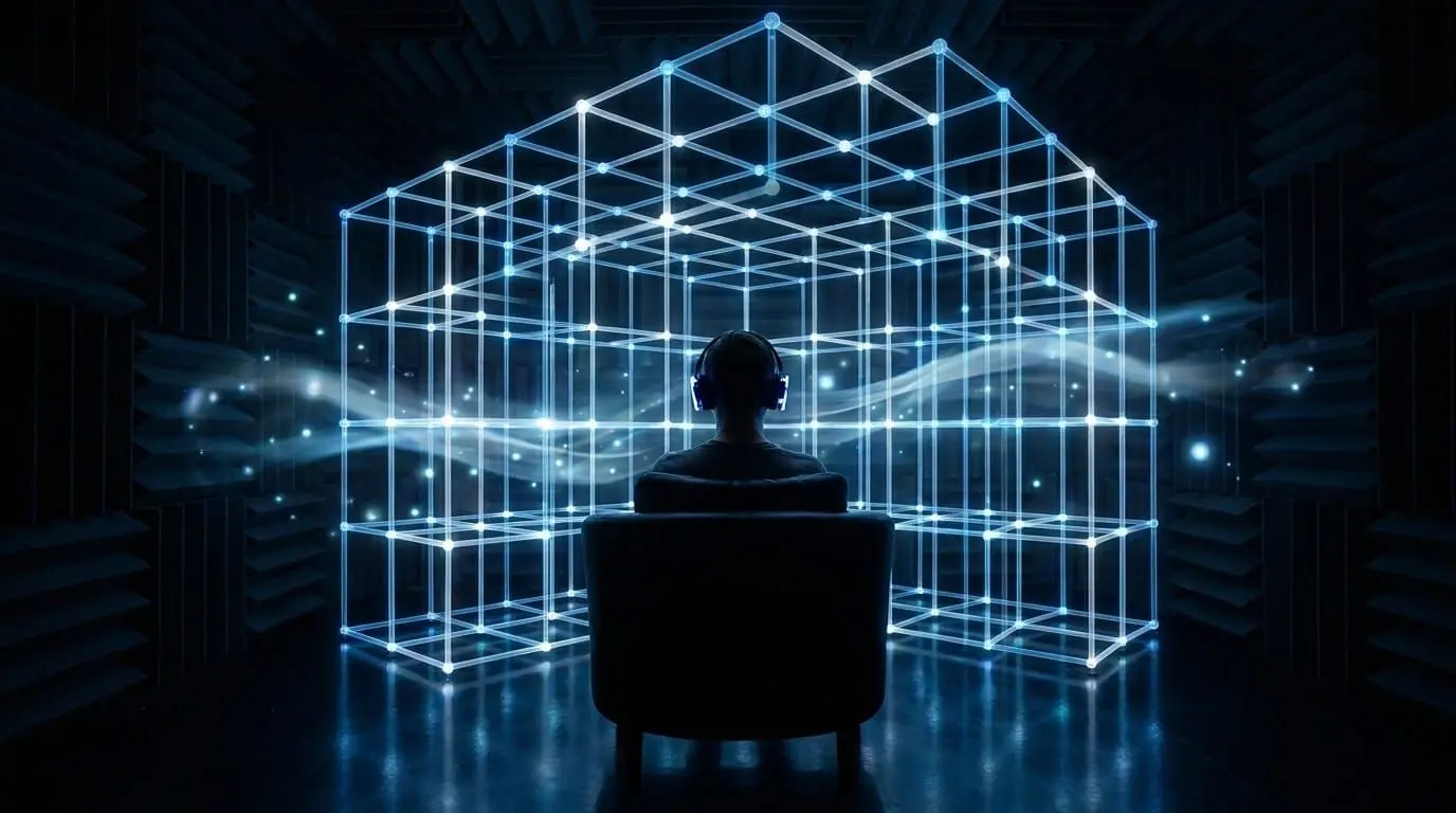 Listener wearing headphones inside a virtual 3D audio grid representing spatial audio processing, immersive sound design, and headphone-based sound placement.