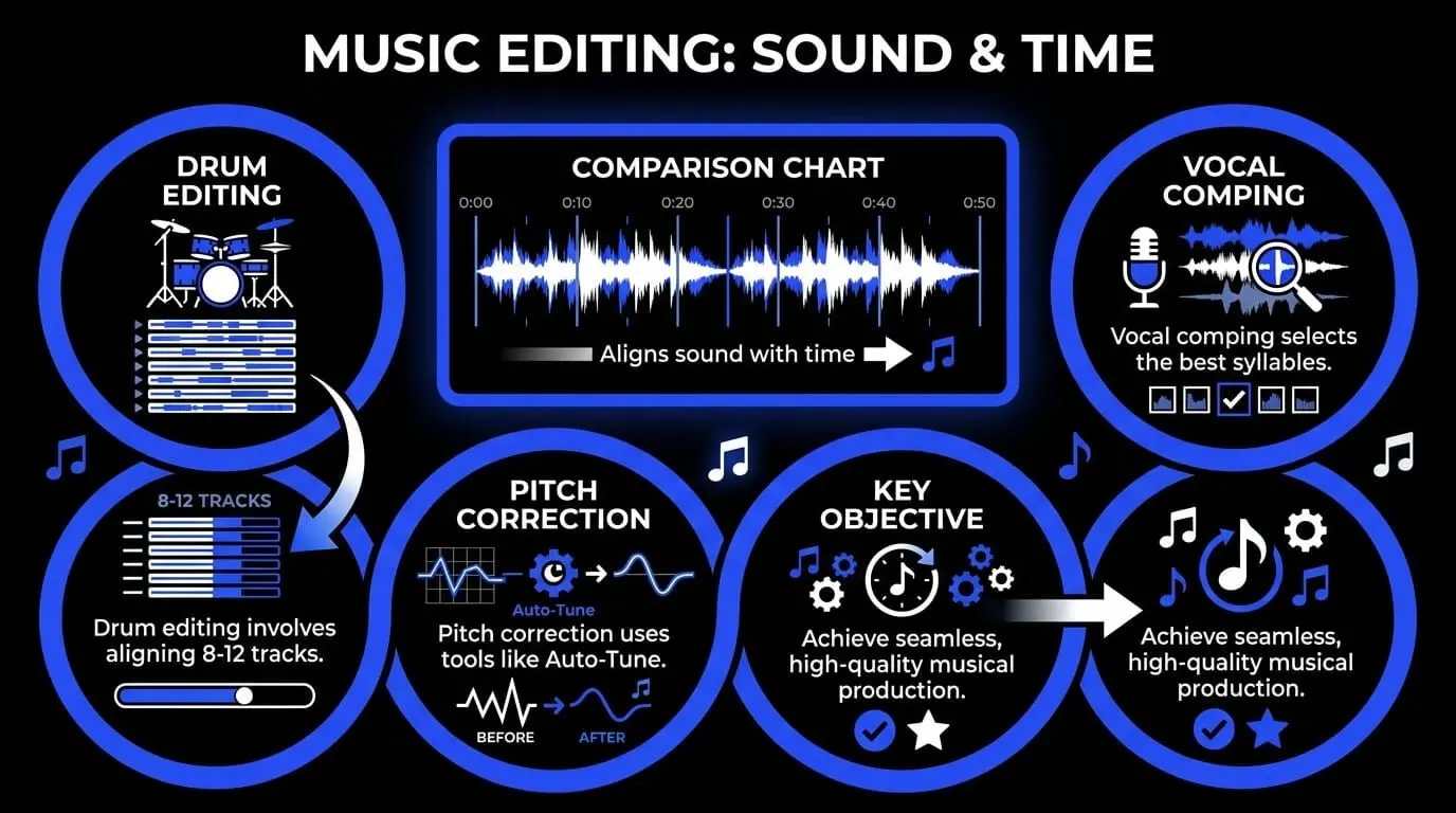Infographic explaining music editing for sound and timing, including drum editing, waveform alignment, pitch correction, vocal comping, and high-quality musical production.