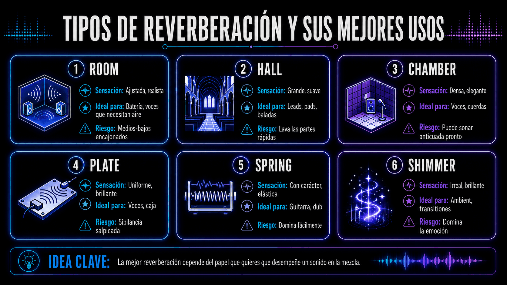 Infografía mostrando seis tipos de reverberación y sus mejores usos, incluyendo reverberación de habitación, salón, cámara, placa, resorte y shimmer.