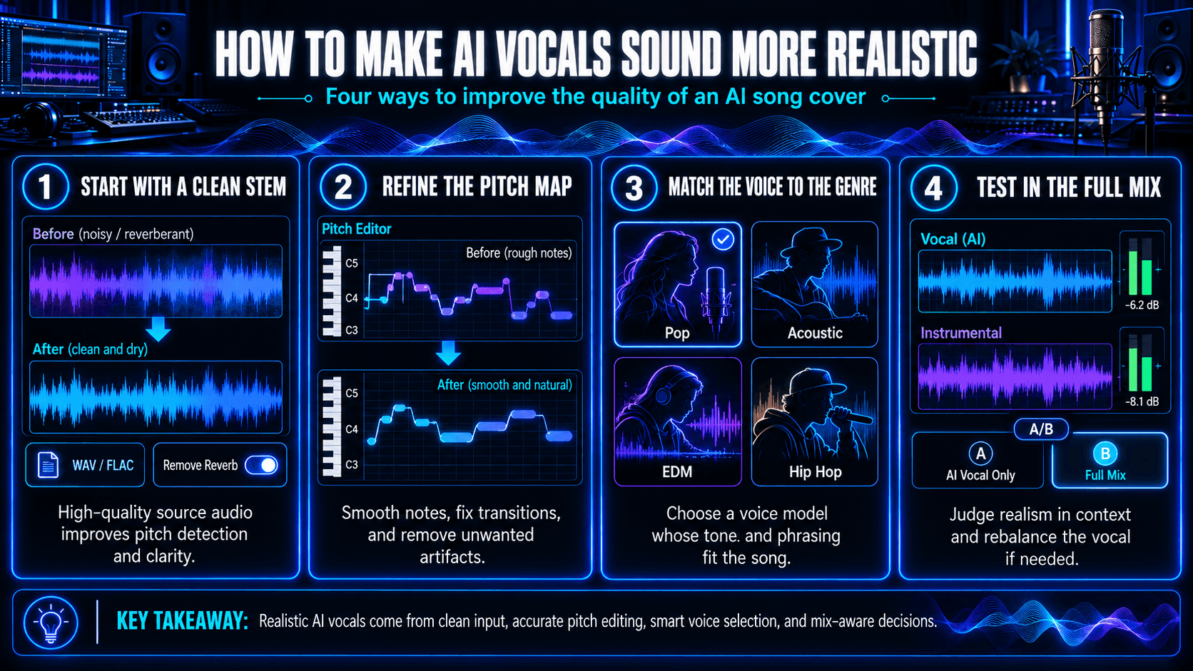 Infographic illustrating four ways to improve AI vocal realism in ACE Studio through vocal stem cleanup, pitch correction, voice model selection, and full-mix testing.