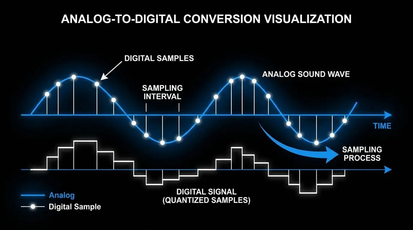 Infographic showing analog-to-digital audio conversion with an analog sound wave, digital samples, sampling interval, and quantized digital signal.