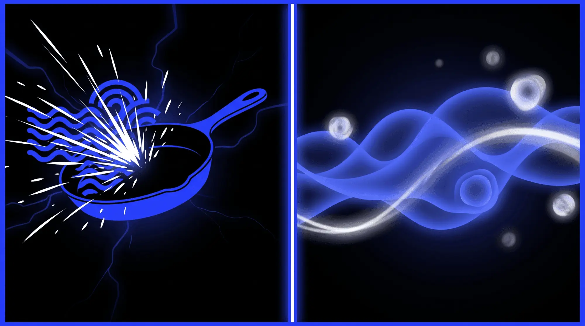 Split illustration showing a struck metal pan transformed into flowing waveforms through granular synthesis.