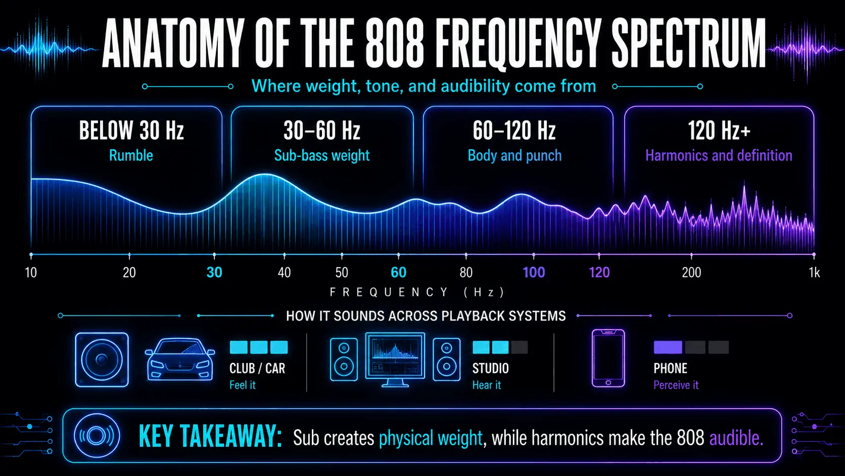 Frequency spectrum dividing an 808 into sub-30Hz rumble, 30–60Hz weight, 60–120Hz body, and upper harmonics.