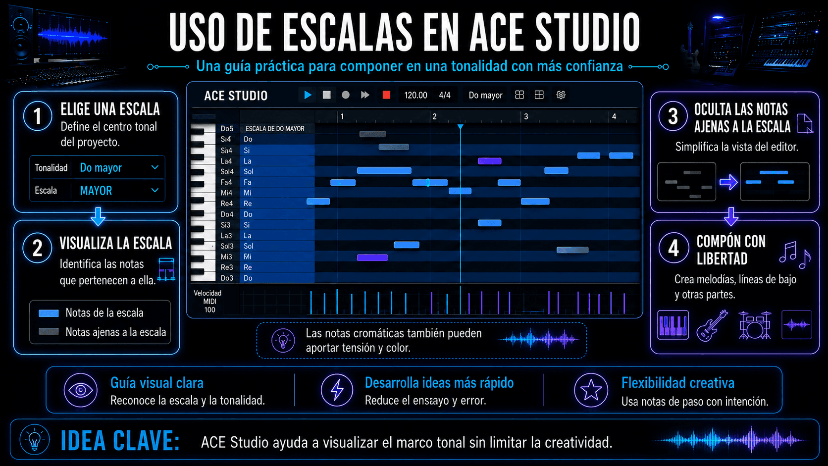 Flujo de trabajo del piano roll de ACE Studio mostrando selección de escala, notas resaltadas dentro de la escala, notas plegadas fuera de la escala y escritura de melodía.