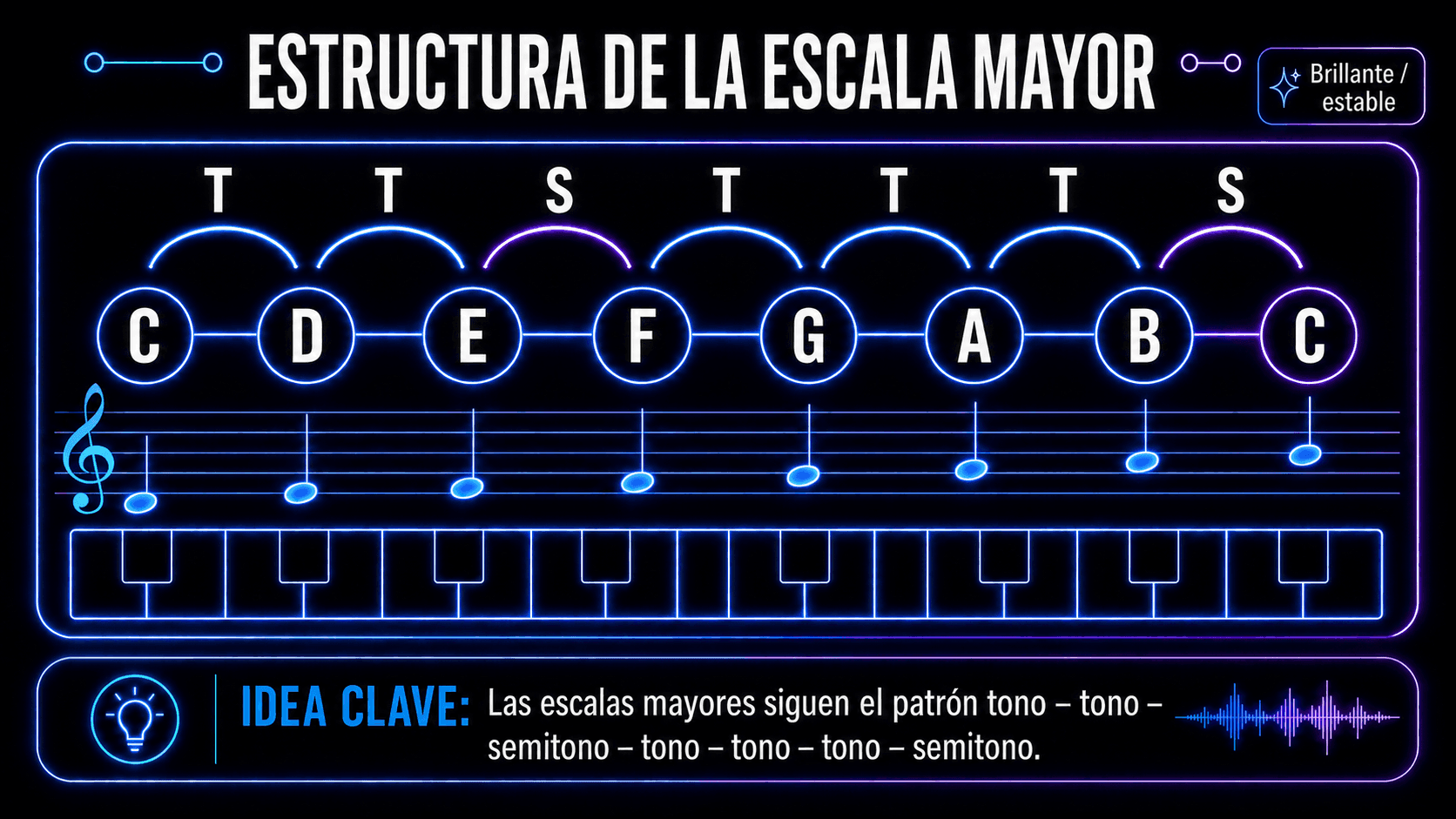 Infografía de la escala de C mayor mostrando las notas de C a C y el patrón de tonos enteros y semitonos de la escala mayor.
